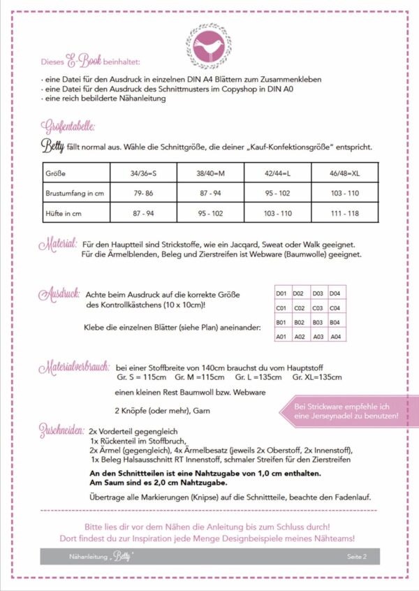 Betty_Maßtabelle Jäckchen Betty Gr. S-XL - Papierschnittmuster