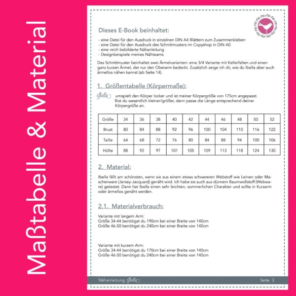 Ibella_Maßtabelle Kleid Ibella Gr. 34-46 - Papierschnittmuster
