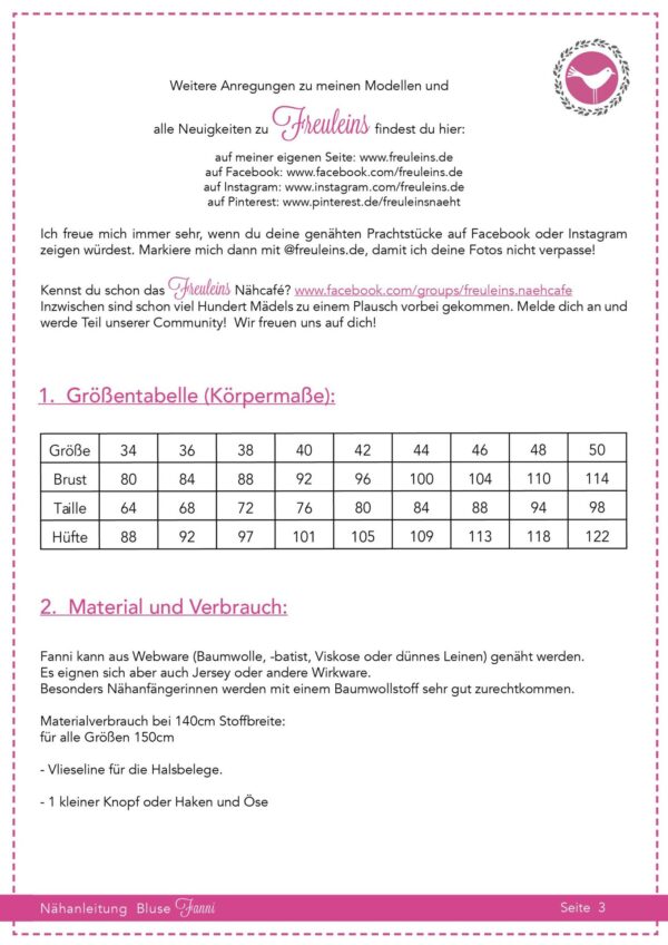 Masstabelle_BluseFanni Bluse Fanni Gr. 34-50 - Schnittmuster und Nähanleitung