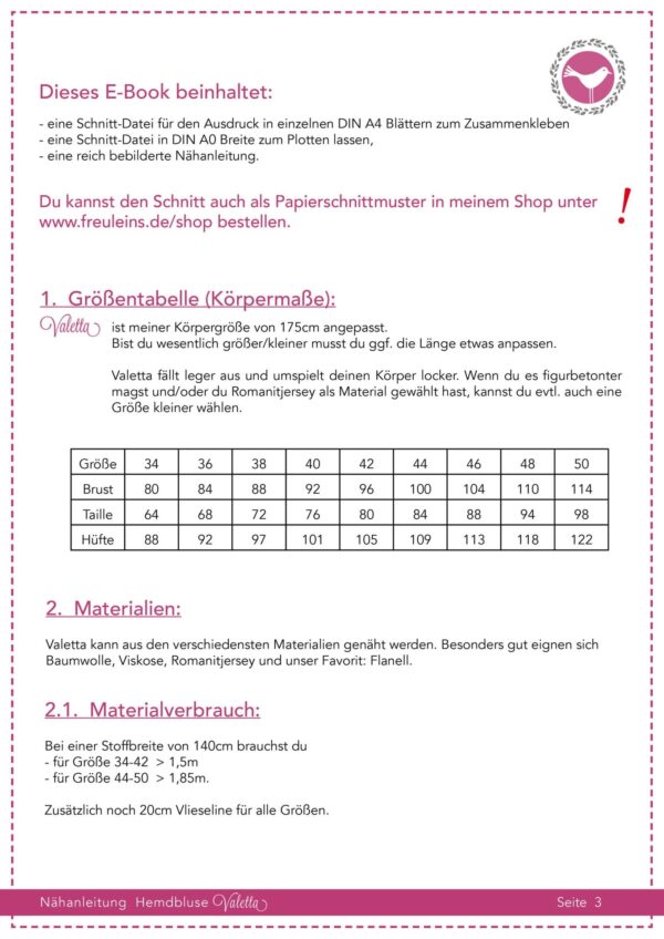 Naehanleitung-Valetta Hemdbluse Valetta in Gr. 34-50 - Schnittmuster und Nähanleitung