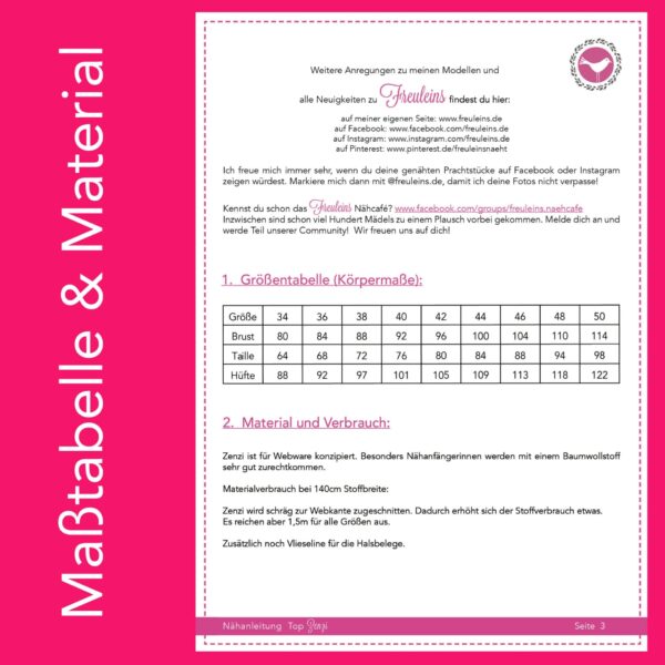 Top Zenzi_masstabelle Top Zenzi Gr. 34-50 - Schnittmuster und Nähanleitung