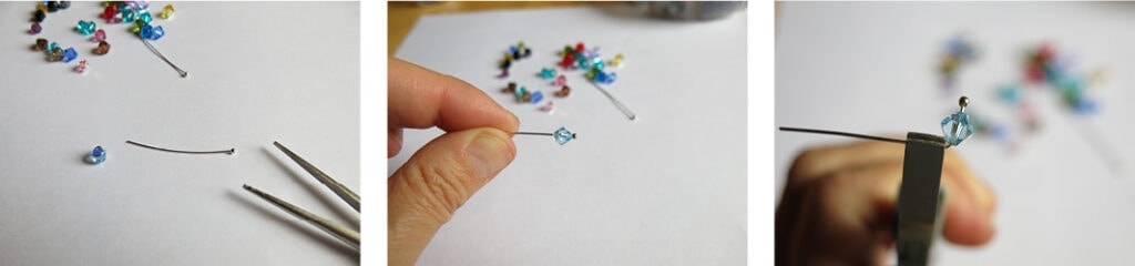 Fädele die Perle auf den Kettelstift auf und winkele diesen mit der Flachzange im rechten Winkel ab.
