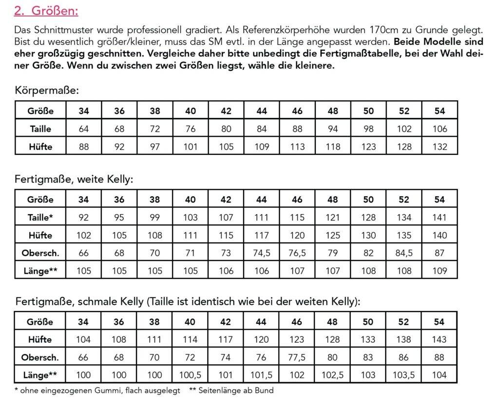 Größentabelle Kelly