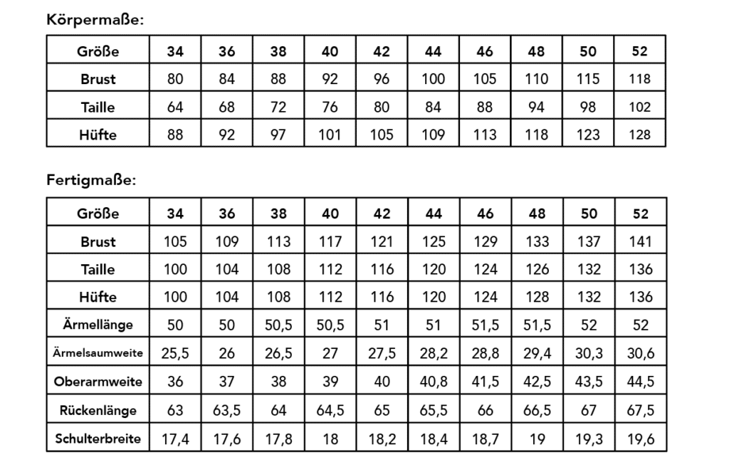 Größentabelle mit Körper- und Fertigmaßen.