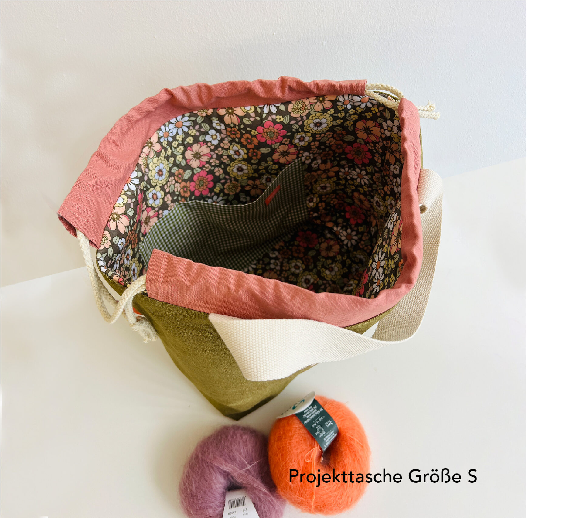 projekttaschen, oliv/rosé Projekt Tasche Größe S mit floralem Innenfutter